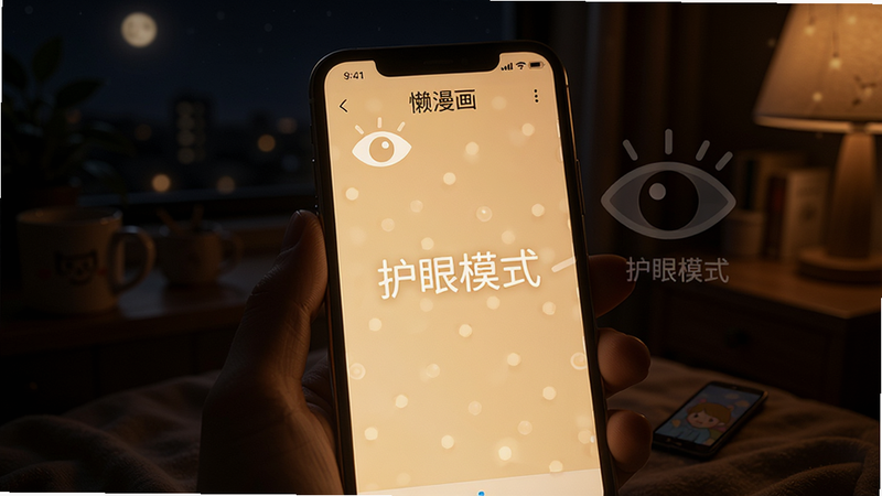 主体:夜间场景下手机屏幕显示“懒漫画”护眼模式,布局:屏幕发出柔和暖光,周围黑暗,排版:突出屏幕内容的清晰度,风格:温馨舒适,细节:眼睛无不适感的示意图标,画质:高分辨率,柔和光影,文字:“护眼模式”