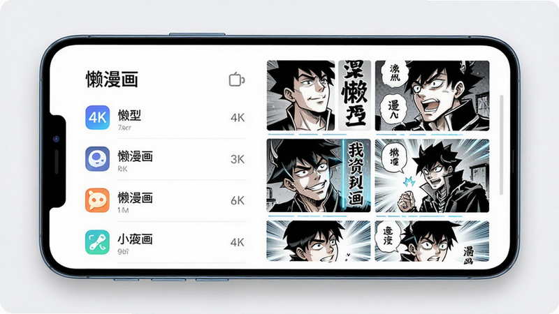 主体:一部现代智能手机屏幕显示“懒漫画”应用界面,布局:左侧为简洁的书单列表,右侧为清晰的漫画分格预览,排版:扁平化设计风格,留白充足,风格:极简主义,科技感,细节:界面元素圆润,字体清晰,画质:4k高清,干净,无多余元素,文字:“懒漫画”