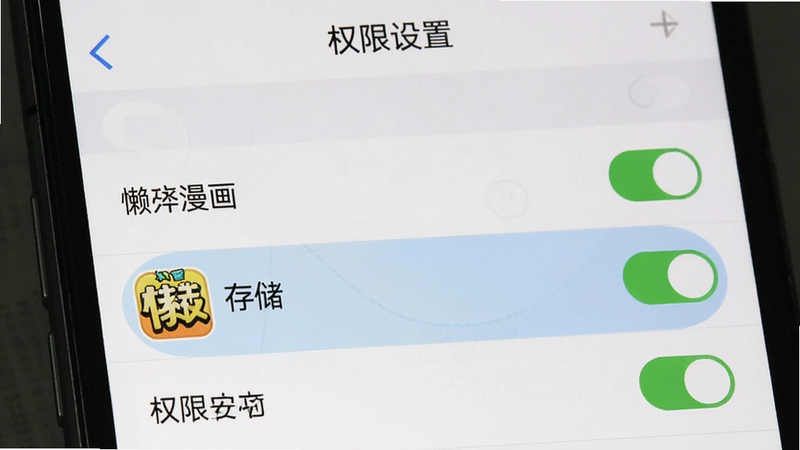 主体:手机设置界面,显示“懒漫画”权限管理选项,布局:清晰的开关列表,排版:重点突出“存储”权限,风格:系统原生UI,细节:勾选状态清晰可见,画质:清晰,直观,文字:“权限设置”