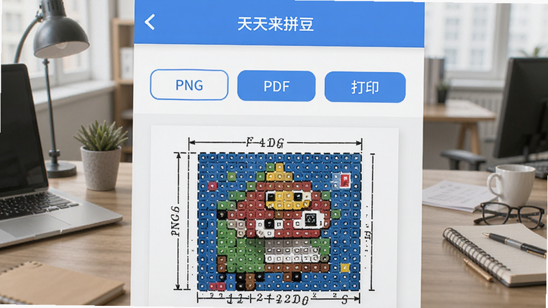 展示“天天来拼豆”APP的导出设置界面,显示不同的导出选项按钮,如“PNG”、“PDF”、“打印”,界面简洁现代,蓝色主色调,下方展示一份打印好的拼豆图纸样例,细节丰富,办公场景风格