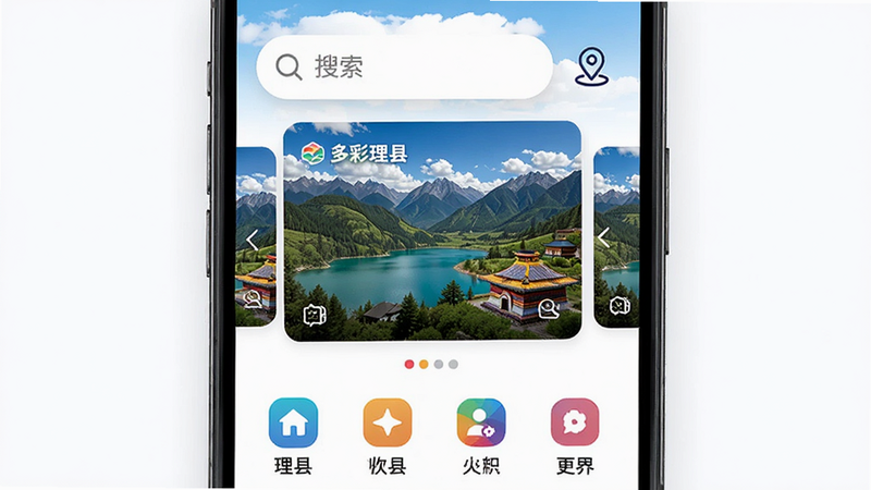 ����Ϊ�ֻ���Ļչʾ�������APP��ҳ������������������ʾ�������붨λͼ�꣬�в�Ϊ�������ط羰�ֲ�ͼ���ײ�Ϊ�������ͼ�꣬����ִ���Լ��ϸ�ڷḻ�����ʸ��壬�ɾ����޶���Ԫ�أ�������ʾ