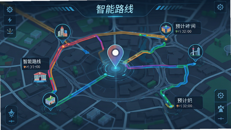 ����Ϊ��ͼ���棬��ʾ������ɫ·�߹滮����������Ϊ��ǰ��λ����Χ��ע����ͼ�꣬���Ƽ��У�ϸ�ڰ��������ע��Ԥ��ʱ�䣬���ʸ��壬�ɾ����޶���Ԫ�أ�������ʾ