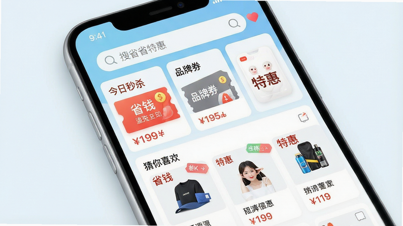 一张高清手机应用界面概念图,主体为“拼省省特惠”APP首页,界面采用清新的浅蓝色与白色为主色调,布局清晰整洁。顶部是搜索栏,下方排列着“今日秒杀”、“品牌券”、“猜你喜欢”等模块,卡片式展示商品图片与价格标签,突出“省钱”、“特惠”字样。风格为现代扁平化设计,细节精致,光影柔和,画质4k,干净无多余元素