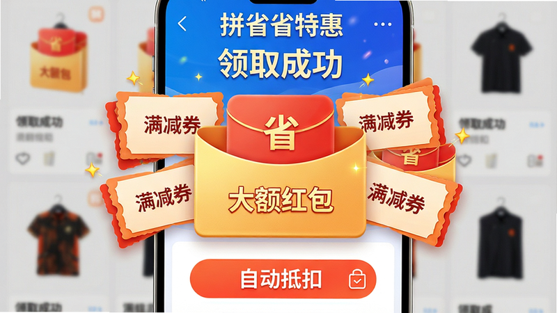 特写展示“拼省省特惠”APP内的优惠券领取页面,画面中心是一张醒目的金色“大额红包”与多张“满减券”悬浮效果,背景为模糊的商品网格。文字清晰显示“领取成功”、“自动抵扣”。风格为商业广告质感,色彩鲜艳明亮,突出“省”字概念,细节丰富,高分辨率,无杂乱背景