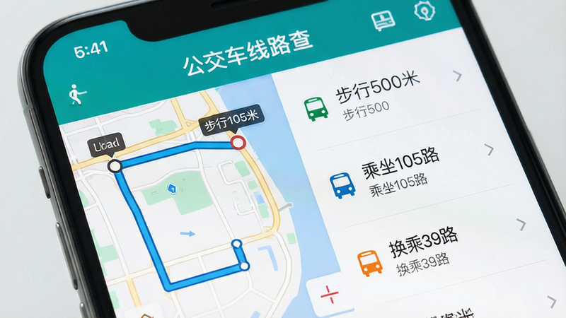 �ֻ���Ļ��д����ʾ����������·�顱APP��·�߹滮ҳ�档���Ϊ��ͼ��ͼ����������յ㼰�Ƽ�·�ߣ��Ҳ�Ϊ��ϸ�����б�������������500�ס���������105·����������39·��������˵�������沼�����ҷ������Ű����룬����ִ���Լ��ϸ�����������������������ұ���