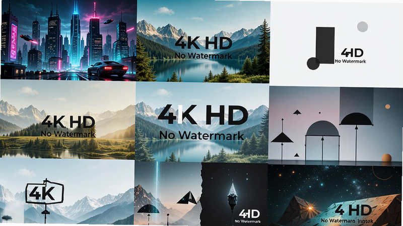 展示多张不同风格的 4K 高清壁纸拼贴效果,包括赛博朋克城市、清新自然山水、极简几何图形,布局为网格状排列,排版紧凑但留有呼吸感,风格多样化且统一在高分辨率质感下,细节展现纹理丰富度,画质锐利,干净背景,文字标注