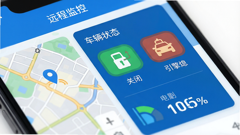 ����һ��APP���ܽ�����д����ʾ��Զ�̼�ء�ҳ�棬������ͼ��λ������״̬ͼ�꣨�糵�Źرա�����Ϩ�𣩡������ٷֱ���ʾ��������Ƽ��󷽣���ɫΪ��ɫ����ͻ�����ݿ��ӻ�����ˮӡ����������