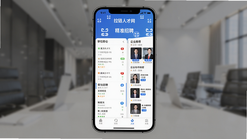 主体为拉链人才网App界面展示,布局为手机屏幕居中,左侧显示职位列表,右侧显示企业推荐,排版清晰,风格为现代商务简约,细节包含拉链图案元素点缀,文字标注“精准招聘”,画质高清,干净,无多余元素
