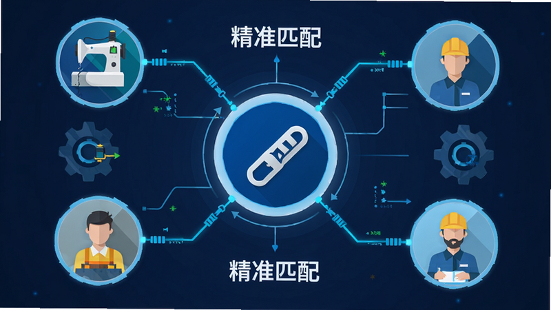 主体为数据匹配概念图,布局为中心辐射状,中心是拉链图标,周围环绕着不同工种图标如缝纫工、质检员,排版对称,风格为科技感扁平化,细节展示连接线表示匹配,文字标注“精准匹配”,画质清晰,干净,无多余元素