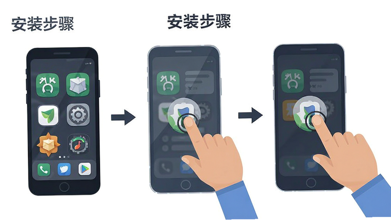 主体为手机操作教程插图,布局为分步骤展示,左侧手机界面,右侧手指点击动作,排版为横向流程图,风格为扁平插画,细节包含安装图标和设置图标,文字标注“安装步骤”,画质清晰,干净,无多余元素