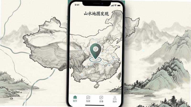 一张高清的移动端应用界面展示图,主体为“山水地图发现”APP的主屏幕,背景是淡墨风格的中国山水地图,界面中央显示一个精致的定位图标,底部导航栏清晰可见,整体排版简洁大气,风格为现代科技与传统水墨结合,细节处有柔和的光影效果,画质清晰,干净无多余元素