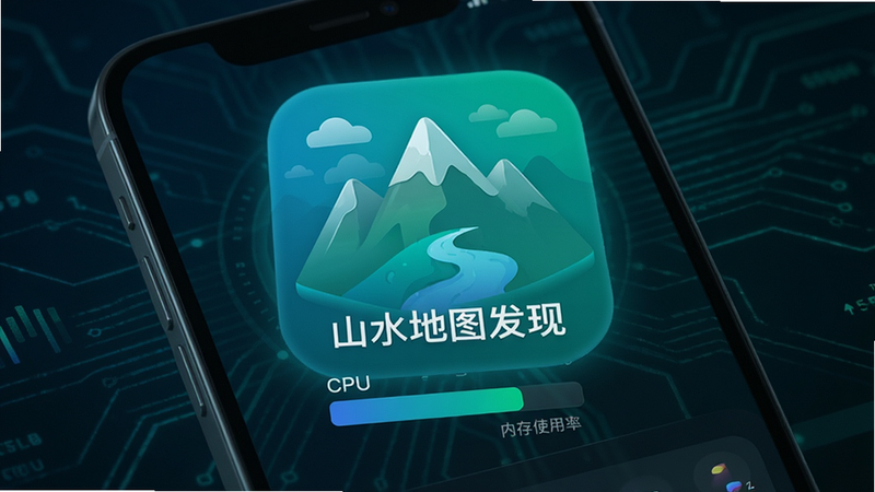手机性能监控界面示意图,背景为“山水地图发现”APP图标,显示CPU和内存使用率均处于低位,风格科技感强,色调为蓝绿色,细节清晰,画质高清