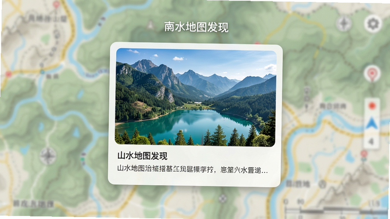 “山水地图发现”APP的发现模式界面,展示一个风景优美的景点卡片,包含高清图片和文字介绍,背景是模糊的地图纹理,布局居中,风格清新自然,细节精致,画质优秀