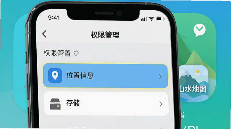 手机设置界面示意图,展示“权限管理”页面,高亮显示“位置信息”和“存储”选项,背景为“山水地图发现”APP图标,风格简洁,色调明亮,细节清晰,画质高清