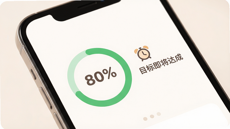 手机界面截图,显示一个圆形的绿色进度条,进度为80%,旁边有一个小闹钟图标和文字“目标即将达成”,背景为柔和的白色,界面元素清晰,字体圆润,风格温馨友好,高清UI设计展示,无杂乱元素