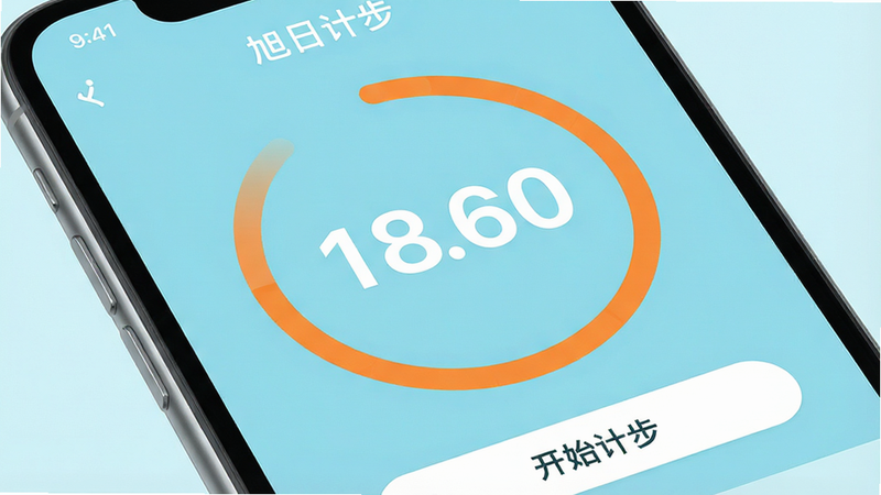 一张高清的智能手机屏幕特写图,屏幕显示着名为“旭日计步”的应用界面,背景为清新淡蓝色,界面中心显示巨大的白色数字步数,周围环绕着橙色的进度环,底部有简洁的“开始计步”按钮,整体风格扁平化、极简主义,高清渲染,无多余装饰元素,画质细腻