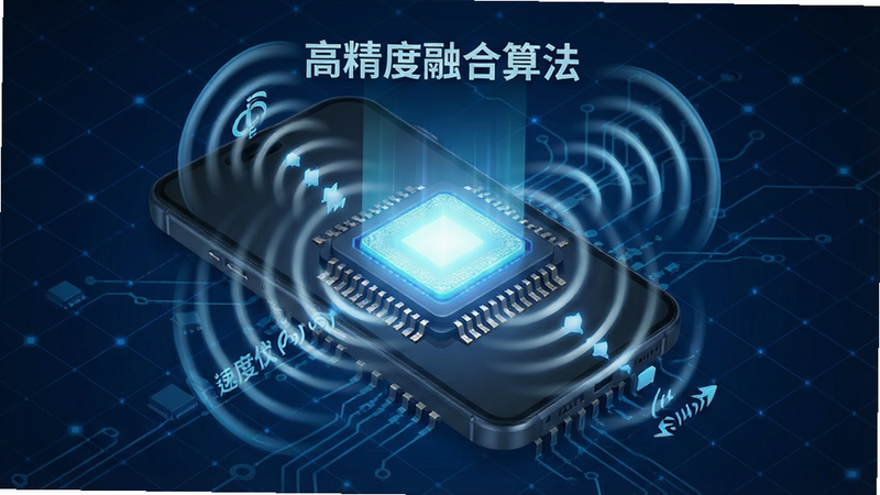 展示手机内部传感器原理的科技概念图,中心是一个发光的手机芯片,向外发出代表加速度、陀螺仪和磁场信号的波纹,背景为深蓝色科技网格,文字标注“高精度融合算法”,风格为现代科技感插画,细节丰富,高清晰度,无文字错误,干净背景
