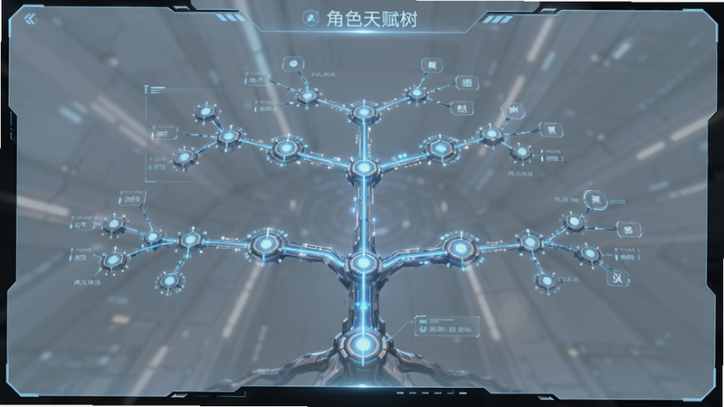 主体为角色天赋树界面,布局为树状结构,排版清晰有序,风格为科技感UI设计,细节包含发光的节点连接线,画质细腻,干净,无多余元素