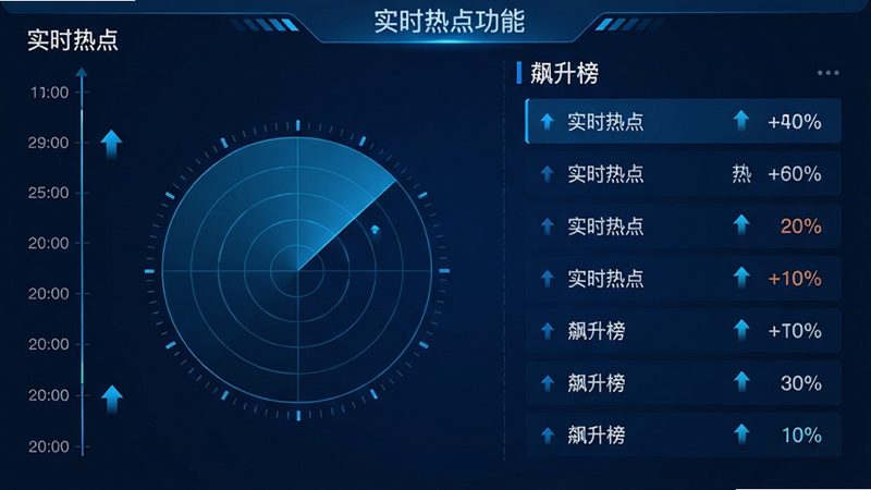主体为热点雷达功能界面,布局为左侧时间轴右侧话题列表,排版紧凑有序,风格为科技蓝色调,细节包含上升箭头图标与热度百分比,画质清晰,干净无多余元素,文字包含