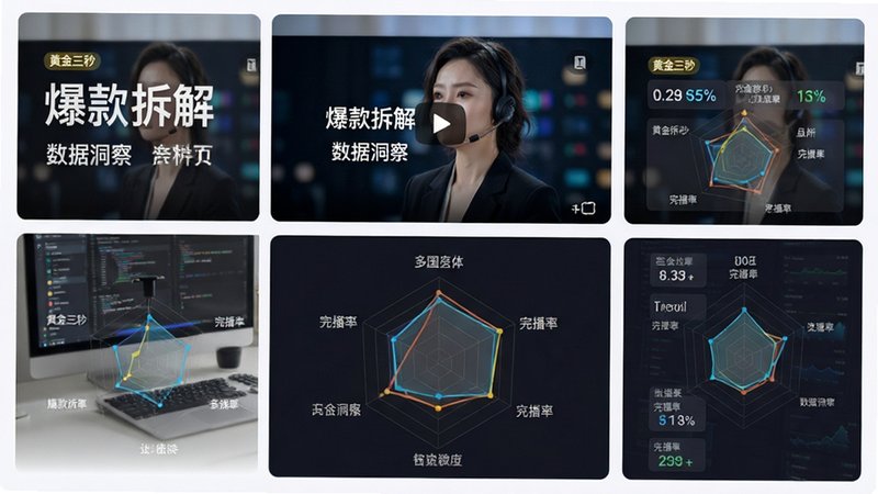 主体为视频拆解分析页,布局为上方视频封面下方多维度雷达图,排版对称平衡,风格为专业数据分析风,细节包含“黄金三秒”、“完播率”等指标标签,画质高清,干净无多余元素,文字包含