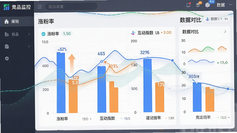主体为竞品监控仪表盘,布局为多账号数据对比柱状图,排版规整,风格为商务办公风,细节包含“涨粉率”、“互动指数”对比柱,画质清晰,干净无多余元素,文字包含