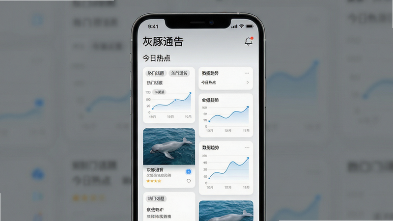 主体为灰豚通告APP首页界面,布局采用卡片式瀑布流,排版清晰整洁,风格为现代极简UI设计,细节包含热门话题标签与数据趋势图表,画质高清,干净无多余元素,文字包含