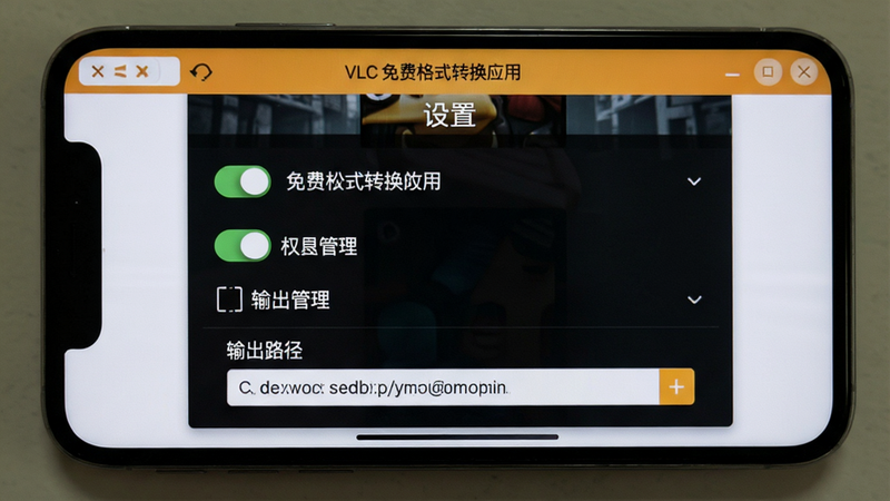 手机屏幕显示VLC免费格式转换应用设置界面,包含权限管理、输出路径选项,布局清晰,风格实用,细节包括开关控件、路径选择器,画质精细,干净无杂乱,文字