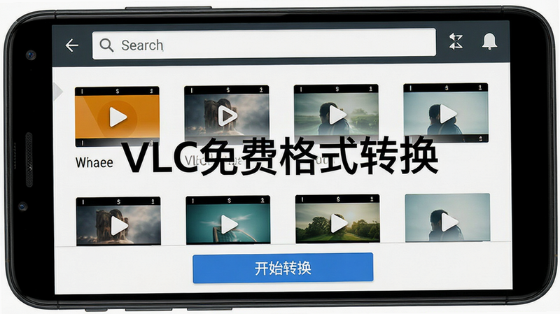 主体为安卓手机屏幕,显示VLC免费格式转换应用界面,布局清晰,顶部有搜索栏,中部列出多个视频文件,底部有“开始转换”按钮,风格现代简洁,细节包括图标、文字标签,画质高清,干净无多余元素,文字