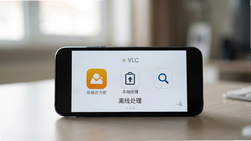 手机置于桌面,屏幕显示VLC免费格式转换应用离线模式界面,背景虚化,布局稳定,风格简约,细节包括离线图标、本地存储标识,画质柔和,干净无干扰,文字