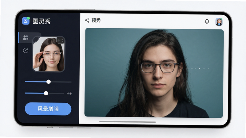 主体为“图灵秀”APP的高保真UI界面展示,布局呈现左侧工具栏与右侧实时预览区,排版简洁现代,风格为扁平化科技风,细节包含人像美颜滑块与风景增强按钮,文字标注“图灵秀”,画质8k,干净,无多余元素