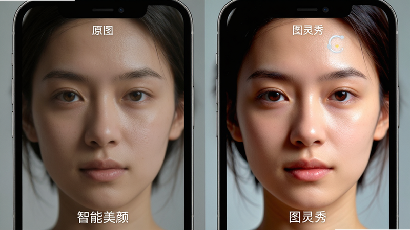 主体为手机屏幕中的人物面部特写对比图,布局分为左右两屏,左侧为原图,右侧为经“图灵秀”处理后的清晰人像,排版对称,风格写实,细节展现皮肤质感与光影层次,文字标注“智能美颜”,画质高清,干净,无多余元素