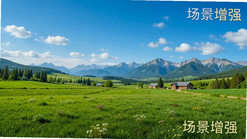 主体为风景摄影作品,布局包含蓝天、绿地与远山,排版为宽幅横屏,风格清新自然,细节体现色彩饱和度提升与清晰度增强,文字标注“场景增强”,画质超清,干净,无多余元素