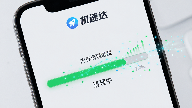 主体为手机屏幕界面,显示内存清理进度条,进度条为绿色,背景为浅灰色,界面顶部有“机速达”Logo。布局清晰,排版整齐,风格简约科技风,细节处有数据流动的粒子效果,画质高清,干净,无多余元素,文字显示为“清理中”