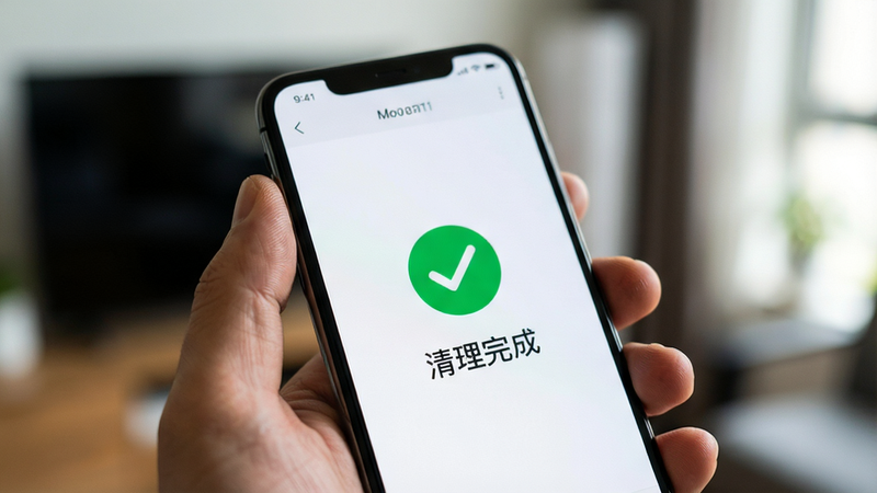 主体为一只手拿着智能手机,屏幕显示机速达的清理成功界面,绿色对勾图标,背景模糊处理,突出手机。布局特写,排版聚焦,风格真实摄影风,细节处有手指握持的质感,画质高清,干净,无多余元素,文字显示为“清理完成”