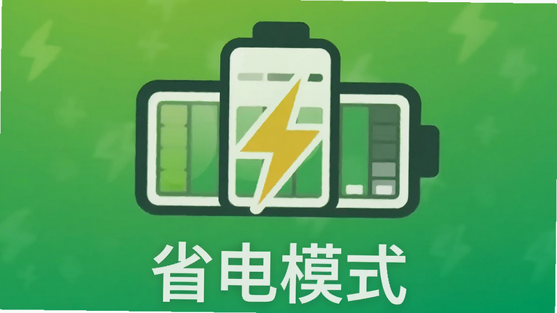 主体为电池图标与闪电符号组合,背景为绿色渐变,象征节能与效率。布局中心对称,排版简洁,风格图标化,细节处有电量格子的填充效果,画质清晰,干净,无多余元素,文字显示为“省电模式”