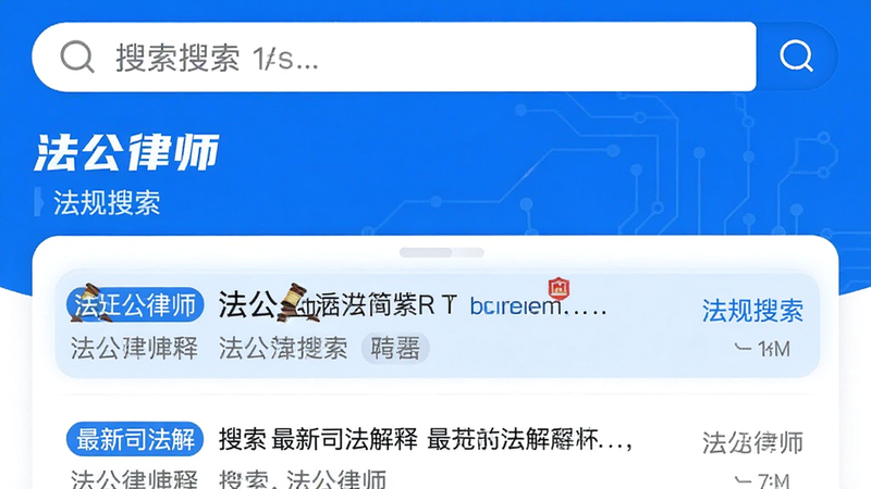 主体为法公律师APP的法规搜索界面,布局为顶部搜索框+下方结果列表,排版紧凑有序,风格为科技感蓝白色调,细节展示搜索结果高亮显示与分类标签,画质高清,干净,无多余元素,文字包含