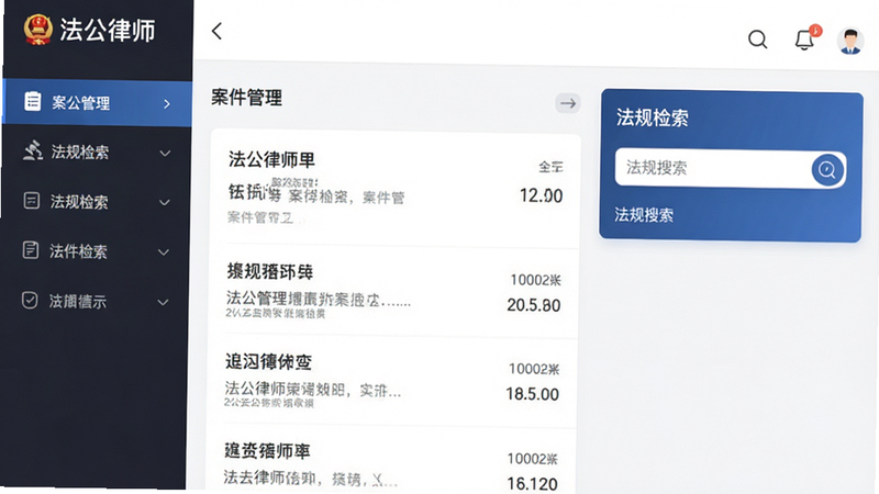 主体为法公律师APP的主界面截图,布局采用左侧导航栏+右侧内容区,排版清晰整洁,风格为现代商务简约风,细节展示案件列表与法规搜索框,画质高清,干净,无多余元素,文字包含