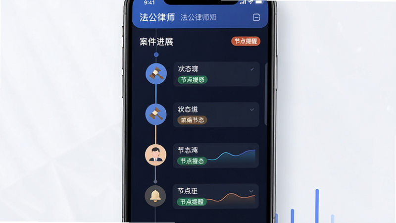 主体为法公律师APP的案件时间轴界面,布局为垂直流程图,排版直观清晰,风格为数据可视化风格,细节展示时间节点图标与状态颜色区分,画质高清,干净,无多余元素,文字包含