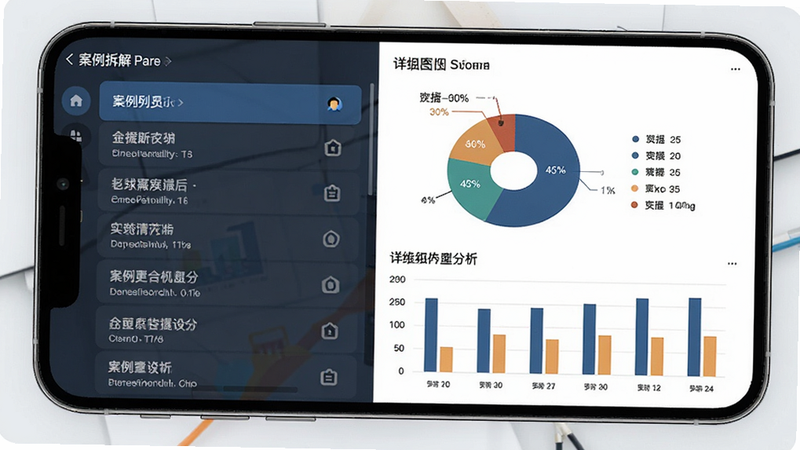 展示案例拆解界面的示意图,主体为手机屏幕,界面左侧为案例列表,右侧为详细分析图表,包含饼图和柱状图,配色专业,体现数据可视化效果,风格严谨、学术化,细节丰富,无杂乱背景