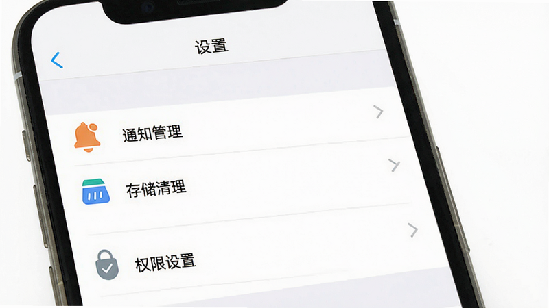 展示移动端设置界面的示意图,主体为手机屏幕,显示“设置”菜单,包含“通知管理”、“存储清理”、“权限设置”等选项,界面简洁,图标清晰,背景为白色,强调操作便捷性,无多余元素,高清