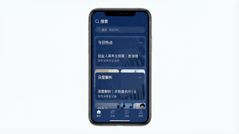 一张高清的商业应用预览图,主体为手机屏幕,显示“创业人”APP首页,界面采用深蓝色调,布局整洁,顶部有搜索栏,中部展示“今日热点”和“深度解析”两个卡片模块,底部为导航栏,整体风格现代、极简、商务感强,无多余装饰元素,4k高清,干净背景