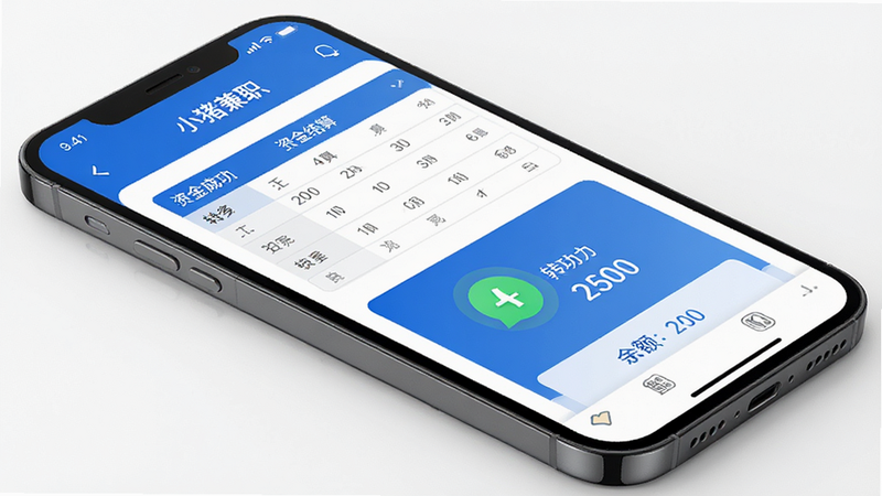 主体为手机界面,展示“小猪兼职”的资金结算页面,布局为表格与余额卡片结合,排版严谨,风格商务蓝,细节包含转账成功图标与金额数字,画质高保真,干净,无多余元素
