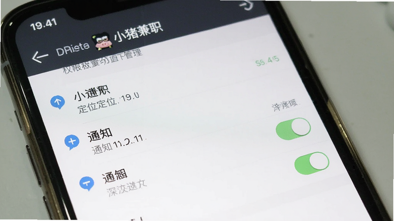 主体为手机设置界面,显示“小猪兼职”的权限管理页面,布局为列表式,排版清晰,风格系统原生,细节包含定位、通知开关,画质清晰,干净,无多余元素