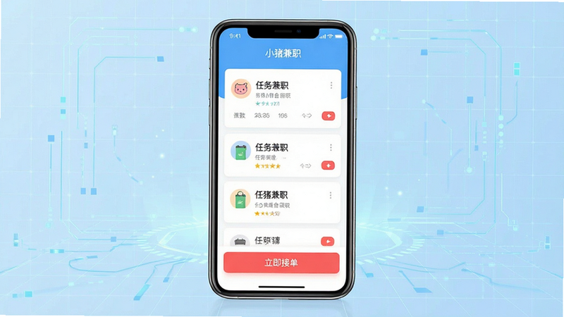 主体为一部现代智能手机,屏幕显示“小猪兼职”APP界面,背景为浅蓝色科技感网格,布局居中,排版简洁,风格清新扁平化,细节包含任务列表卡片与红色“立即接单”按钮,画质高清,干净,无多余元素