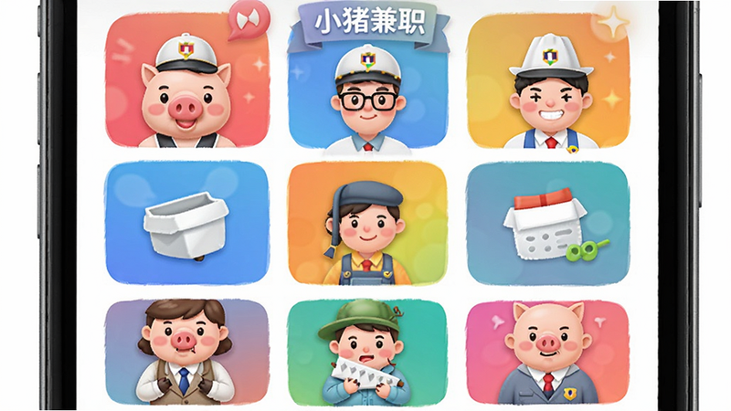 主体为手机界面,展示“小猪兼职”的任务分类图标,布局为网格状九宫格,排版对称,风格多彩活泼,细节包含不同职业图标,画质清晰,干净,无多余元素