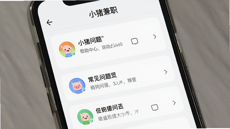 主体为手机界面,展示“小猪兼职”的帮助中心页面,布局为问答列表,排版简洁,风格友好,细节包含常见问题图标,画质清晰,干净,无多余元素