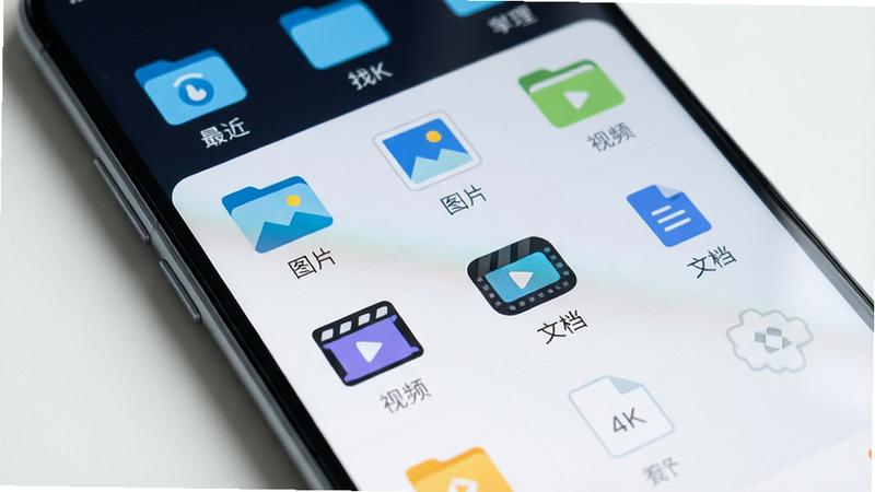 主体为华为手机屏幕特写,显示文件管理APP主界面,布局清晰,分为“最近”、“图片”、“视频”、“文档”等图标网格,排版整齐,风格为极简科技风,细节展现清晰的文件夹图标与分类标签,画质4k,干净无多余元素