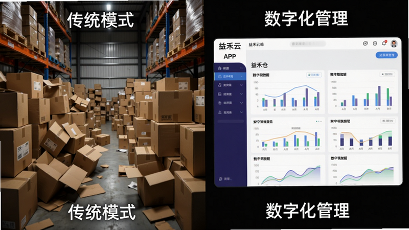 对比图,左侧为传统仓库杂乱堆放的纸箱,右侧为益禾云仓APP界面展示的整齐数据图表,主体为左右分割布局。风格为写实摄影与UI设计的结合。细节显示左侧混乱,右侧有序。文字标注“传统模式”、“数字化管理”。画质高,对比强烈,体现效率提升。