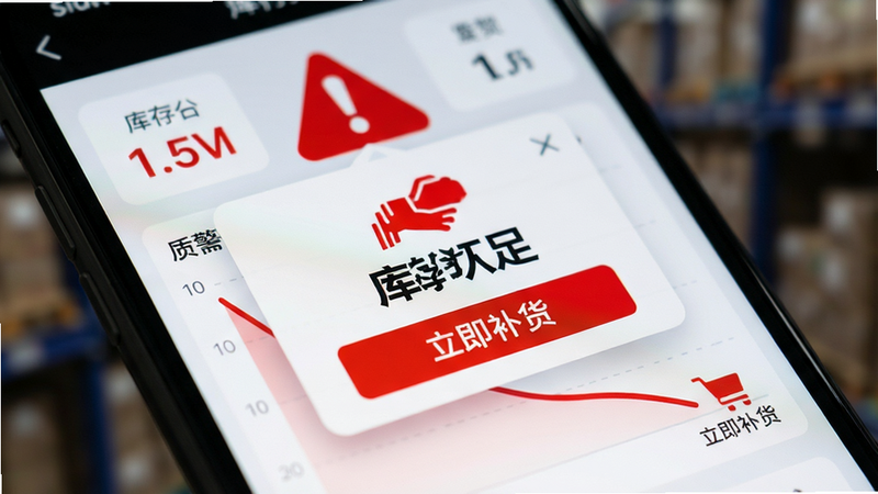 特写手机屏幕显示库存预警界面,主体为红色警报图标与下降的库存曲线图。布局聚焦于预警弹窗,排版醒目。风格为警示性UI设计,高对比度。细节显示“库存不足”、“立即补货”按钮。文字清晰易读,背景虚化处理以突出主体。画质精细,无噪点,移动端界面模拟。