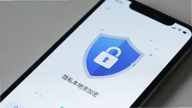 手机界面显示隐私安全锁图标,背景为盾牌图案,象征数据本地加密,界面元素少而精,突出安全与信任感,色彩以蓝色和白色为主,干净利落
